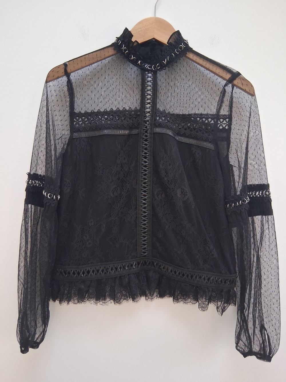 Black Sheer Lace  Mesh Long Sleeve  Blouse Small Whimsigoth Dark Romantic Gothic